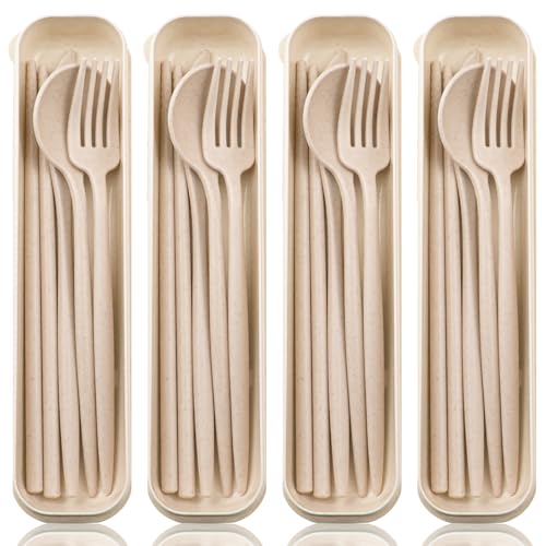 ELANE 4 Sets Reusable Travel Utensils Set with Case,Camping Cutlery Set Reusable Cutlery Set with Case,Utensil Sets for Lunch Picnic Daily Use Outdoor (beige) - color: Beige