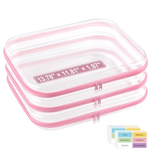 3 Pack Extra Large Clear Hard Shell Zipper Case with Labels, Crush Proof Plastic Storage Bins for Home Organization, Hard Case for Board Games Puzzles Toys Stationery Makeup A4 Documents, Pink - color: Pink