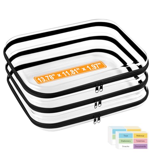 3 Pack Extra Large Clear Hard Shell Zipper Case with Labels, Travel Toiletry Pouch Makeup Organizer, Clear Diaper Bag, Hard Plastic Storage Bins for Board Game Toy Puzzle Stationery, Black - color: Black