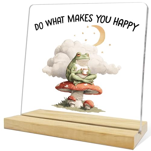 Cottagecore Decor Gifts for Women Men,Do What Makes You Happy Acrylic Desk Plaque,Funny Frog Mushroom Gifts for Office Home Bedroom Decorative - color: Cyan