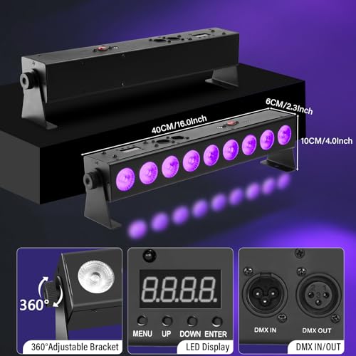 Rechargeable Stage Lights Bar,2Pack 9 LED RGBWA+UV Battery Powered DJ Light Strip Built-in 5200mAh Battery Remote Control DMX512 Sound Activated Uplights for Church Events Wedding Disco Party
