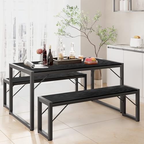 Gizoon 45.5" Dining Table Set for 4 with 2 Benches, Kitchen Table Set with Metal Frame & MDF Board, Space-Saving Dinette for Kitchen, Dining Room -Black - color: Black, size: seat for 4