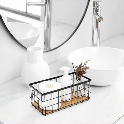 TIEYIPIN Black Metal Wire Storage Baskets with Wood Bottoms, Bathroom Storage Organizer Basket Bins, Set of 2 - Includes 2 Bonus Adhesive Hooks for Easy Wall Mounting