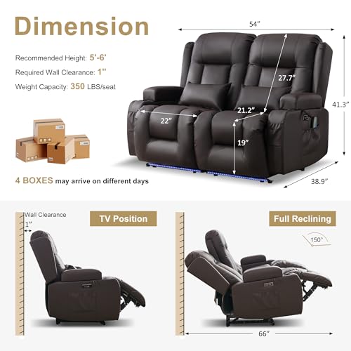 URRED Power Loveseat Recliner Sofa with Massage and Heat, Wall Hugger Reclining Loveseat, RV Couch Home Theater Seating with LED Lights for Living Room (Dark Brown, 54" - 2 Seats) - color: Dark Brown, size: 54" - 2 Seats