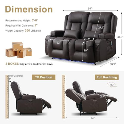 URRED Power Loveseat Recliner Sofa with Massage and Heat, Wall Hugger Reclining Loveseat, RV Couch Home Theater Seating with LED Lights for Living Room (Dark Brown, 54" - 2 Seats) - color: Dark Brown, size: 54" - 2 Seats