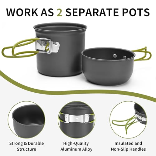 aiGear 8pcs Camping Cooking Set for 1-2 People with Pot Cutlery Stove Stand | Lightweight aluminum nonstick cookware, folding handles, nesting design, portable for camping, picnic, hiking, backpacking - color: Green