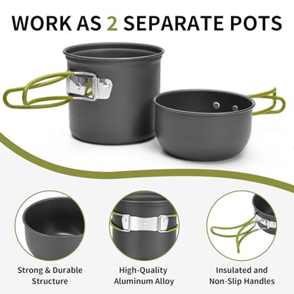 aiGear 8pcs Camping Cooking Set for 1-2 People with Pot Cutlery Stove Stand | Lightweight aluminum nonstick cookware, folding handles, nesting design, portable for camping, picnic, hiking, backpacking - color: Green