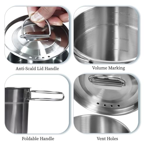 KOKKOYA Foldable Camping Cups Mugs Camping Pot Cookware 304-Food-Grade Outdoor Camp Cooking Set with Vented lid,Stainless Steel Backpacking Cookware for Hunting - color: silvery-blue-green