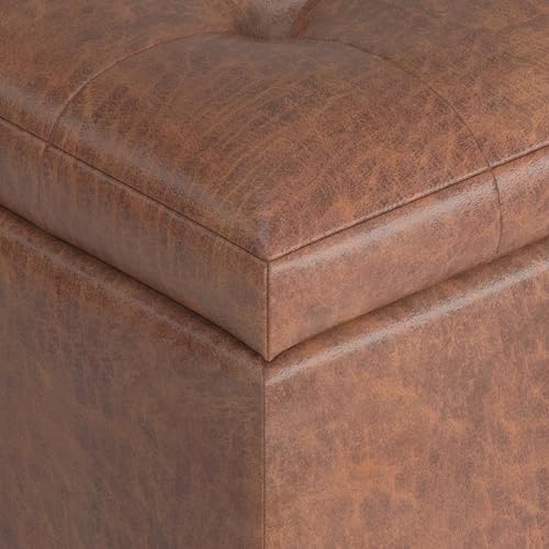 SIMPLIHOME Cosmopolitan Storage Ottoman - 34 inch Wide Upholstered Vegan Leather Rectangle Storage Ottoman Bench in Distressed Saddle Brown, Transitional Tufted Ottoman for Entryway with Lift-Up Lid - color: Distressed Saddle Brown