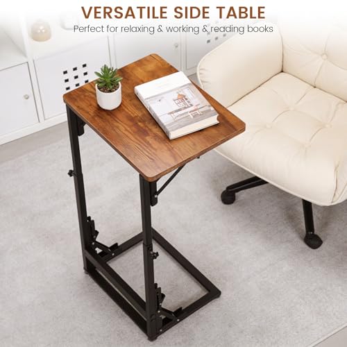 Folding Side Table, Adjustable C-Shaped End Table for Couch, Metal Frame TV Tray Table for Sofa Living Bedroom Bedside Coffee Small Spaces (Brown, 23.6" L x 15.8" W) - size: 23.6"L x 15.8"W