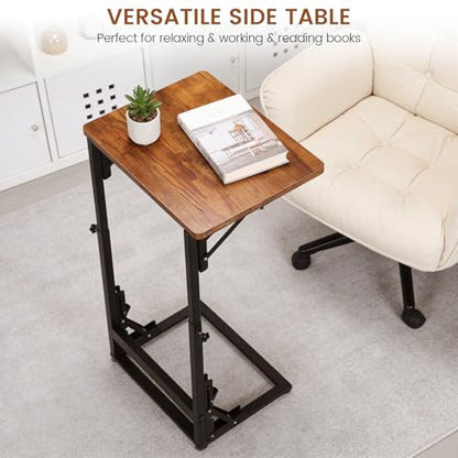 Folding Side Table, Adjustable C-Shaped End Table for Couch, Metal Frame TV Tray Table for Sofa Living Bedroom Bedside Coffee Small Spaces (Brown, 23.6" L x 15.8" W) - size: 23.6"L x 15.8"W