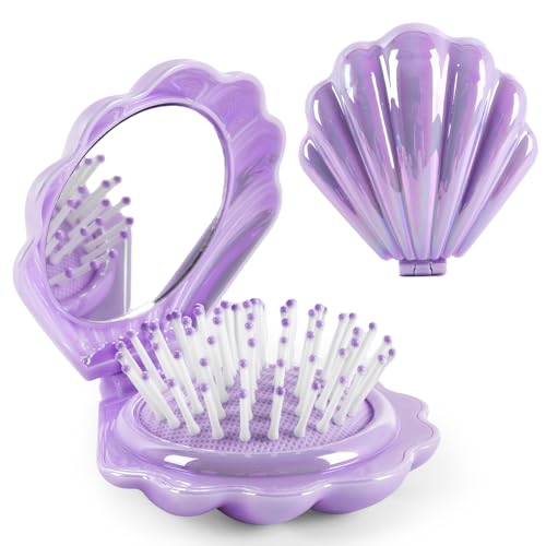 Metallic Shinning Finish Foldable Travel Hair Brushes with Mirror Shell Shape Portable Folding Pocket Hairbrush Mini Hair Comb Purse Compact Size Hair Massager (Purple) - color: Style B-Purple