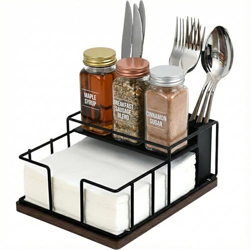 Napkin Holder for Table, Countertop Utensil & Silverware Caddy | 3-Section Organizer for Kitchen Counter, Dining Table, Picnic or Buffet. Keeps Cutlery, Spoons & Silverware Tidy, Black - color: Black