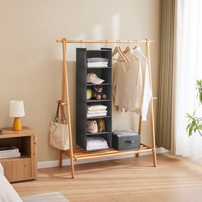 MAX Houser 6 Tier Shelf Hanging Closet Organizer, Closet Hanging Shelf with 2 Sturdy Hooks for Storage, Foldable (Grey) - color: Grey