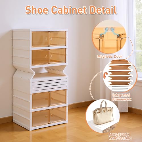 Foldable Shoe Rack Organizer Collapsible Shoe Storage Organizer with Doors, Large Plastic Folding Shoe Rack, Clear Stackable Shoe Boxes Easy Assembly Shoe Cabinet for Entryway (9 Tiers-18 Pairs) - size: 9 Tiers-18 Pairs
