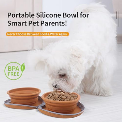 Collapsible Dog Bowls, 2-in-1 Pet Portable Travel Double Bowl Water Food Feeder Traveling Camping & Walking 25oz Brown - color: Brown