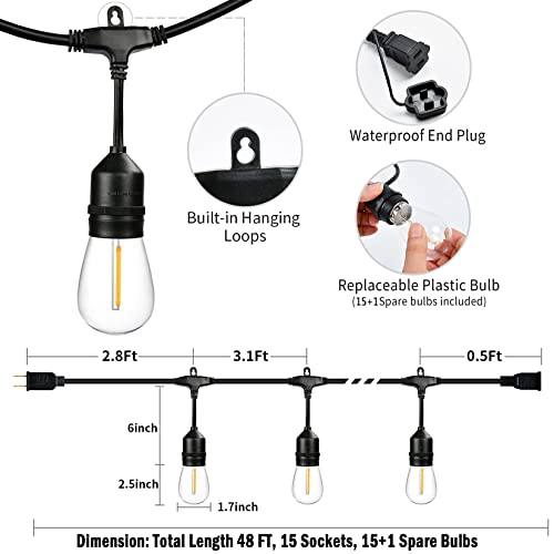 48FT Outdoor String Lights LED Heavy-Duty Waterproof Patio Lights with 16 Shatterproof Plastic 2200K Warm White Bulbs for Patio Gazebo Pergola Cafe Market Bistro - size: 48FT