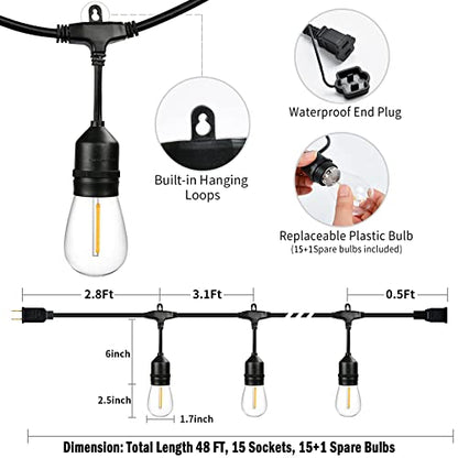 48FT Outdoor String Lights LED Heavy-Duty Waterproof Patio Lights with 16 Shatterproof Plastic 2200K Warm White Bulbs for Patio Gazebo Pergola Cafe Market Bistro - size: 48FT