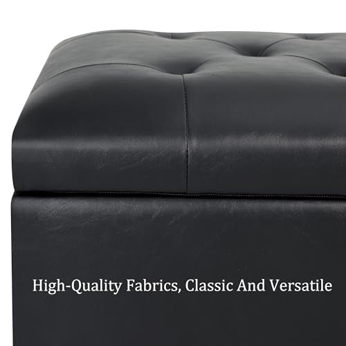 Leather Storage Ottoman,24’’Foot Rest Ottomans with Wheels and Hinged Lid Rectangle Upholstered Foot Stools Nailhead Trim for Living Room Bedroom,Black - color: Black With Wheels