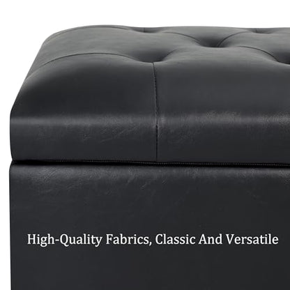 Leather Storage Ottoman,24’’Foot Rest Ottomans with Wheels and Hinged Lid Rectangle Upholstered Foot Stools Nailhead Trim for Living Room Bedroom,Black - color: Black With Wheels