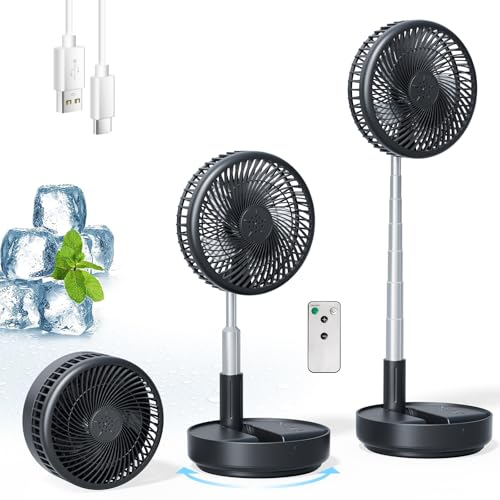 Portable Oscillating Rechargeable Fan, Battery Operated with 4 Speed Settings & Remote Control, Desk Travel Fan for Sleeping, Camping, Cruise, RV - Black 8" USB C - color: Black-7200mAh