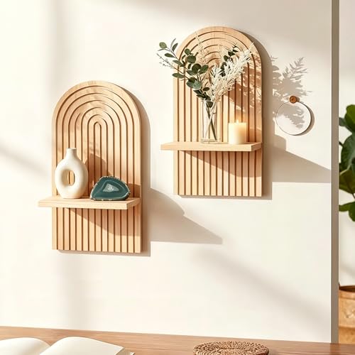 LIYAOLI Boho Plant Wall Shelf Set of 2-15 x 8.6 Inch Arched Wooden Hanging Shelves for Living Room & Bedroom - Mid-Century Modern Bohemian Wall Decor (Natural Wood Finish) - color: Rainbow