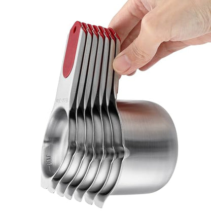 Spring Chef Magnetic Measuring Cups & Spoons Set, Patented, Strong N45 Magnets, Heavy Duty Stainless Steel Fits in Spice Jars for Baking & Cooking, BPA Free, Round Set of 15 with Leveler, Red - color: Red, size: Set of 15