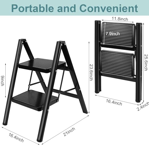 Upgraded 2 Step Ladder, 330 lbs Folding Aluminum Step Stool with Wide Anti-Slip Pedals, Lightweight & Portable Ladder for Kitchen, Closet, Office, Home Use - Black