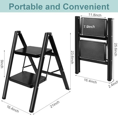 Upgraded 2 Step Ladder, 330 lbs Folding Aluminum Step Stool with Wide Anti-Slip Pedals, Lightweight & Portable Ladder for Kitchen, Closet, Office, Home Use - Black