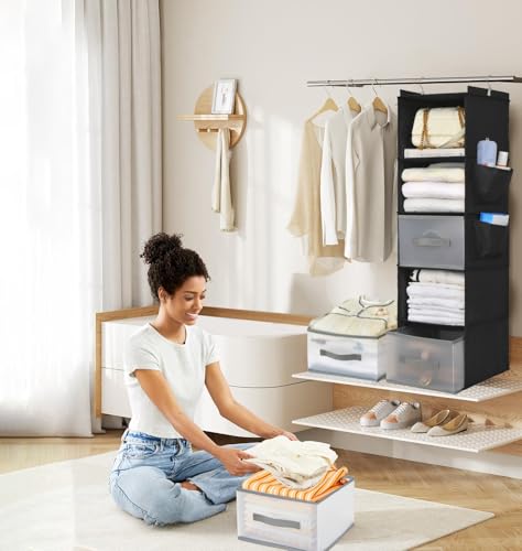 5-Layer Suspended Fabric Shelf Organizer, Equipped with 2 Sturdy Hooks, 2 Separate Drawers, and Foldable Hanging Storage (Black) - color: 5-shelf Black