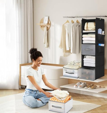 5-Layer Suspended Fabric Shelf Organizer, Equipped with 2 Sturdy Hooks, 2 Separate Drawers, and Foldable Hanging Storage (Black) - color: 5-shelf Black