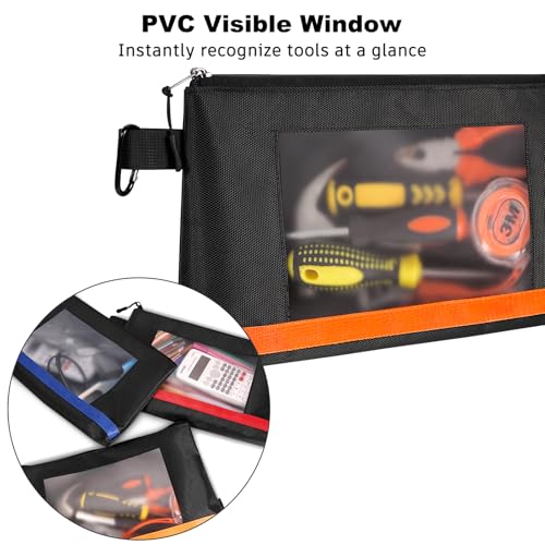 KENOBE 13" Tool Pouches with Zipper, Heavy Duty Small Tool Bag with Visible Window, Multipurpose Storage Utility Pouch for Tools, Gadgets, Cosmetics, Stationery, Travel Accessories, 3 Pack