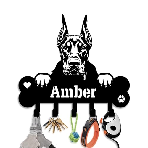 NIWAHO Dog Leash Holder for Wall Personalized - Doberman Pinscher Custom Metal Sign with Bone Key Hooks, Entryway Mudroom Organizer Rack, Pet Room Decor - color: Doberman Pinscher