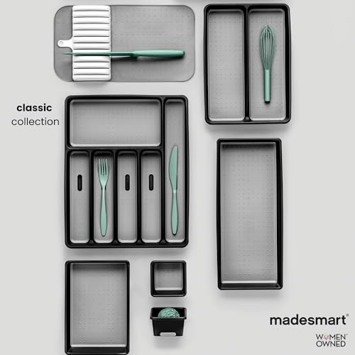 madesmart Small Silverware Tray, Compact 5 Compartment Flatware Organizer for Forks, Knives & Spoons, Non Slip, Soft Grip Lining, Fits Small Drawers, Carbon - color: Carbon