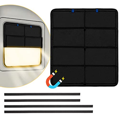 funomo RV Large Side Window Shade, 30 × 26 inch Foldable Magnet RV Blackout Window Cover, Keystone Outback Travel Trailer Side Windows Cover, UV Rays Protection Waterproof Thickened Oxford (Black) - color: Black-Blue Label, size: 30"L× 26"W