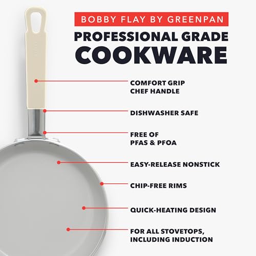 GreenPan x Bobby Flay 13 Piece Nonstick Cookware Pots and Pans Set, PFAS-Free Diamond Ceramic, Induction Suitable, Easy Clean Dishwasher & Oven Safe, Stay-Cool Silicone Handles, Glass Lids, Cream - color: Cream