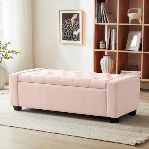 Huatean Home 48" Ottoman with Storage, Pink Storage Ottoman Bench with Safety Hinge, Upholstered Entryway Bench with Seating for Bedroom, Living Room, Holds up to 330 lb - color: Pink, size: 19.7"D x 48"W x 16.9"H