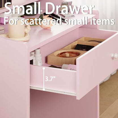 LIKIMIO Small Makeup Vanity Desk with Mirror and Lights, Vanity Table Set with Storage Drawer, Chair and Three Shelves, Bedroom, Pink - color: Pink