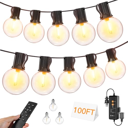 100FT Outdoor String Lights with Remote, 50 + 3 Spare G40 LED Bulbs Plug in Connectable Dimmable Patio Lights, Waterproof Hanging Lights for Outside Backyard Balcony Yard Deck Party - style: 100FT-G40(Remote+Dimmer)