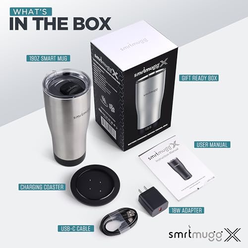 SmrtMugg X Heated Coffee Mug 19 oz., 8 Hour Battery Life, Self-Heating, Adjustable Temp Controlled, LCD Screen, Includes Cover with Magnetic Slider (Black) (Stainless Steel) - color: Stainless Steel
