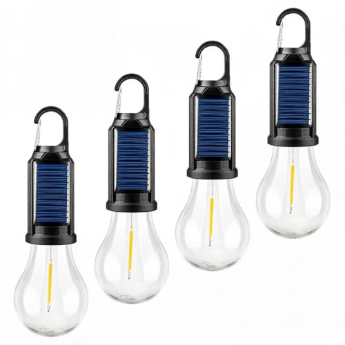 4 Pack Led Camping Lantern Solar Rechargeable,Outdoor Tent Lights for Camping Essentials, Hanging Light Bulbs with Clip Hook Camping Flashlight