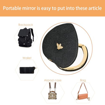 Compact Mirrors, Leather Folding Travel Mirrors, Bee Double Sided Handheld Mirrors, Portable Heart Shape Makeup Mirrors Gift for Girls Women Mothers