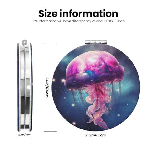 Galaxy Gellyfish Print Foldable Travel Pocket Mirror Round PU Leather Portable Mini Makeup Double Sided Handheld Magnifying,2.6 in - color: Galaxy Gellyfish