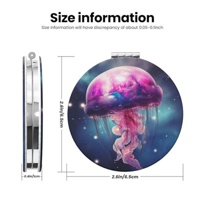 Galaxy Gellyfish Print Foldable Travel Pocket Mirror Round PU Leather Portable Mini Makeup Double Sided Handheld Magnifying,2.6 in - color: Galaxy Gellyfish