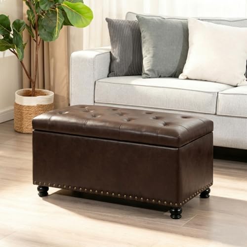 Asense Storage Ottoman Bench, Faux Leather Ottoman with Storage for Living Room Bedroom, Multi-Functional Storage Chest Foot Rest, Upholstered Bench for End of Bed, Entryway, 35.4" W - color: 35" Chocolate Brown Faux Leather