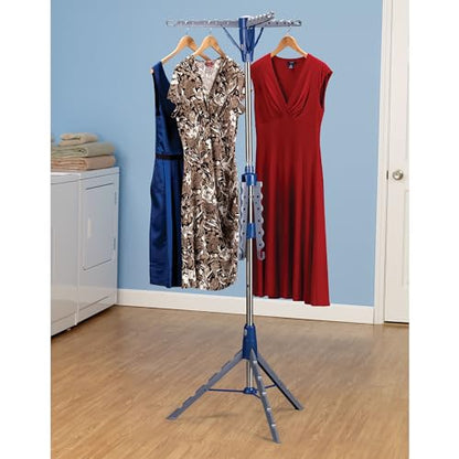 Household Essentials 5012-1 Portable 2-Tier Clothes Drying Rack Tri-pod | Dry Wet Laundry or Hang Clothes | Silver and Blue - size: Large