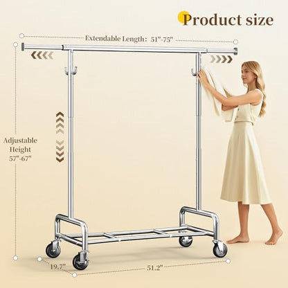 Raybee Clothes Rack, Room Organize Home Storage, 75" W & 4 Extra Hooks | 450LBS Capacity, Stainless Steel, Extendable Hanging Rod, 360° Lockable Wheels, Height Adjustable, 15-Min Tool-free Assembly - color: Chrome, style: Rod Shelf