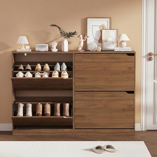 Shoe Storage Cabinet, Wood Shoe Organizer for Entryway with 3 Flip Drawers, Freestanding Shoe Rack with Adjustable Shelf, Narrow Shoe Dresser for Front Door Entrance (Walnut, Standard 4 Drawers) - color: Walnut, size: Regular 4 Drawers