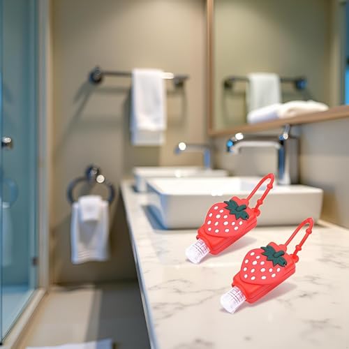 2Pcs Strawberry Empty Travel Hand Sanitizer Bottle, Silicone Sleeve Refillable Empty Squeeze Leakproof Flip Cap Keychain, Hand Soap Holder Cosmetic Containers, Refillable Portable Travel Containers