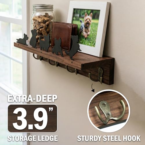 Solid Walnut Dog Leash Holder for Wall, Custom Dog Metal Silhouette Key Hanger & Top Shelf for Entryway Storage, Heavy Duty Pet Collar Rack, 15.8 Inch (Yorkshire Terrier)